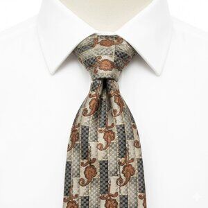 Bill Blass Signature Silk Tie Geometric Baroque Classical Brown Gray